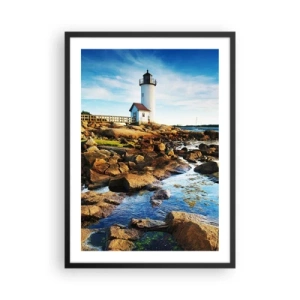 Pôster com moldura preta - Um farol em uma costa rochosa em um dia ensolarado - 50x70cm - Voltem bem, estou à espera - Decoração de parede moderna para a sala de estar e quarto ARTTOR
