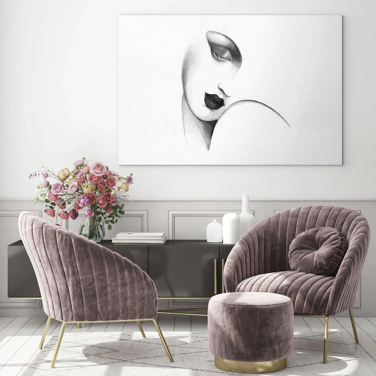 Quadro em vidro - Esboço Art Déco de um rosto de mulher em preto e branco - 70x50cm - No estilo de Łempicka - Decoração de parede moderna para a sala de estar e quarto ARTTOR