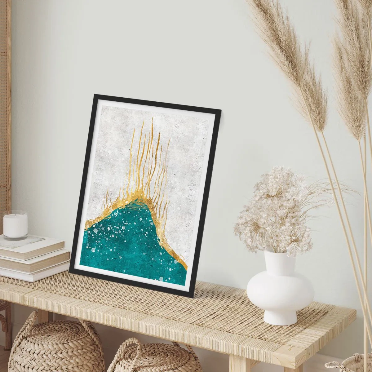 Pôster com moldura preta - Composição abstrata em ouro e azul - 50x70cm - Maré Dourada - Decoração de parede moderna para a sala de estar e quarto ARTTOR
