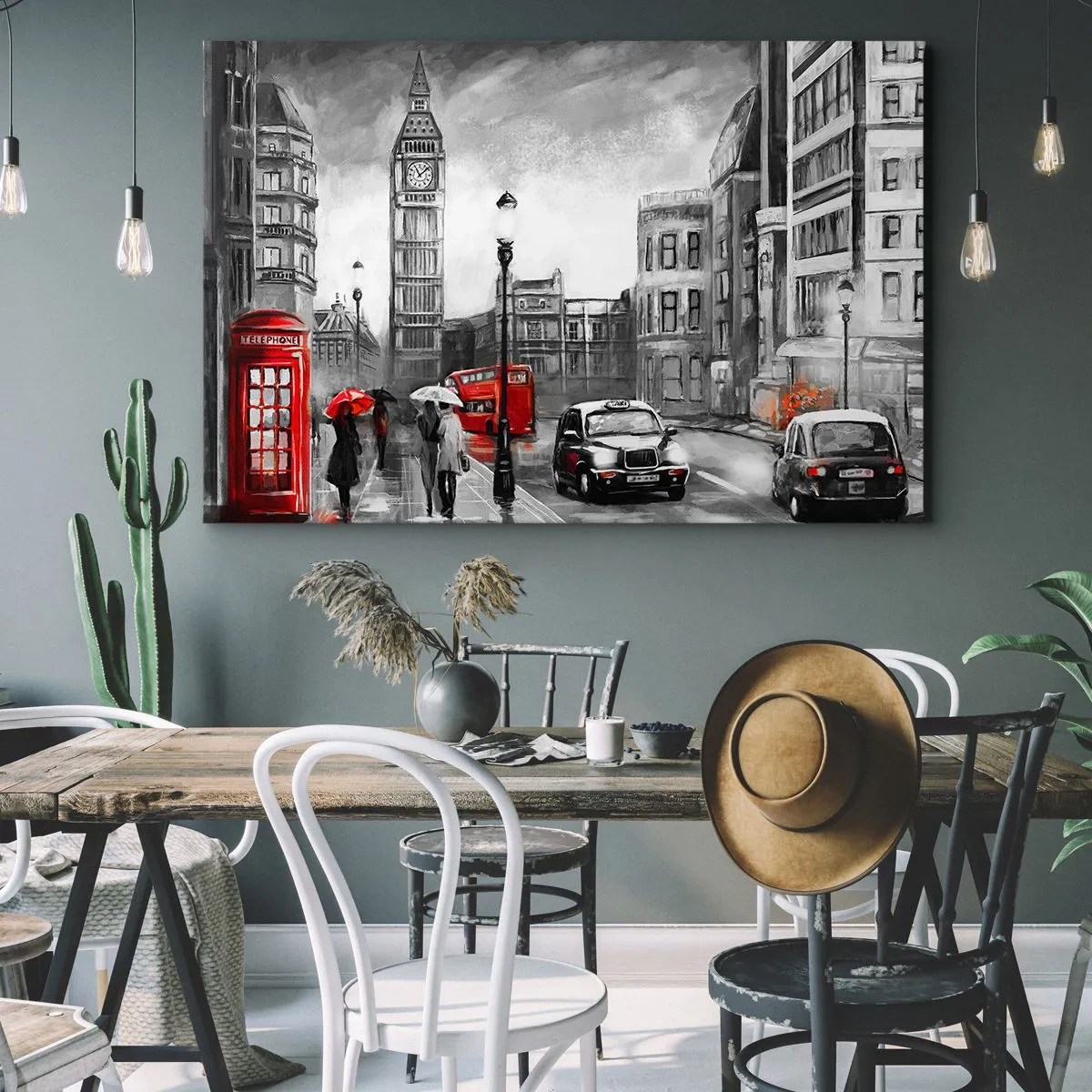 Quadro em tela - Uma cena de Londres em preto e branco com detalhes em vermelho - 70x50cm - Não é uma cidade cinzenta - Decoração de parede moderna para a sala de estar e quarto ARTTOR