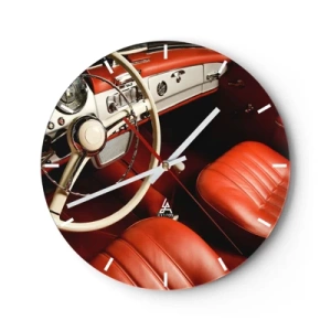 Relógio de parede - Relógio em vidro - Interior de carro clássico com bancos vermelhos - 30x30cm - Luxo vintage - Decoração de parede moderna para a sala de estar, cozinha e quarto ARTTOR