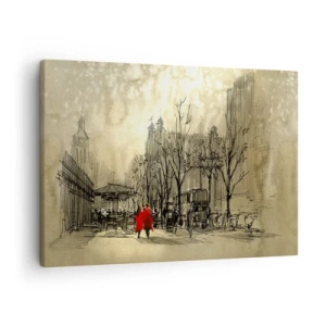 Quadro em tela - Uma figura vermelha em um cenário urbano nostálgico - 70x50cm - Um encontro no nevoeiro londrino  - Decoração de parede moderna para a sala de estar e quarto ARTTOR