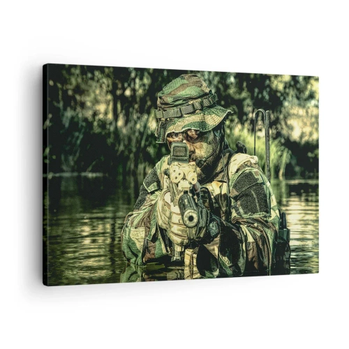 Quadro em tela - Um soldado camuflado mira através da água. - 70x50cm - O melhor dos melhores - Decoração de parede moderna para a sala de estar e quarto ARTTOR