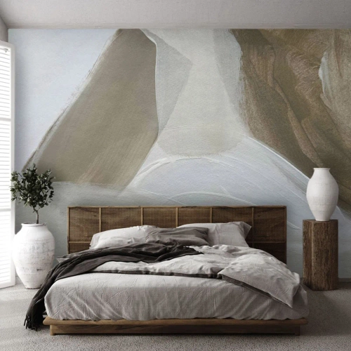 Papel de Parede Standard Eco - Traços abstratos de branco e bege sobre tela - 100x70cm - Uma onda de branco - Decoração de parede moderna para a sala de estar e quarto ARTTOR