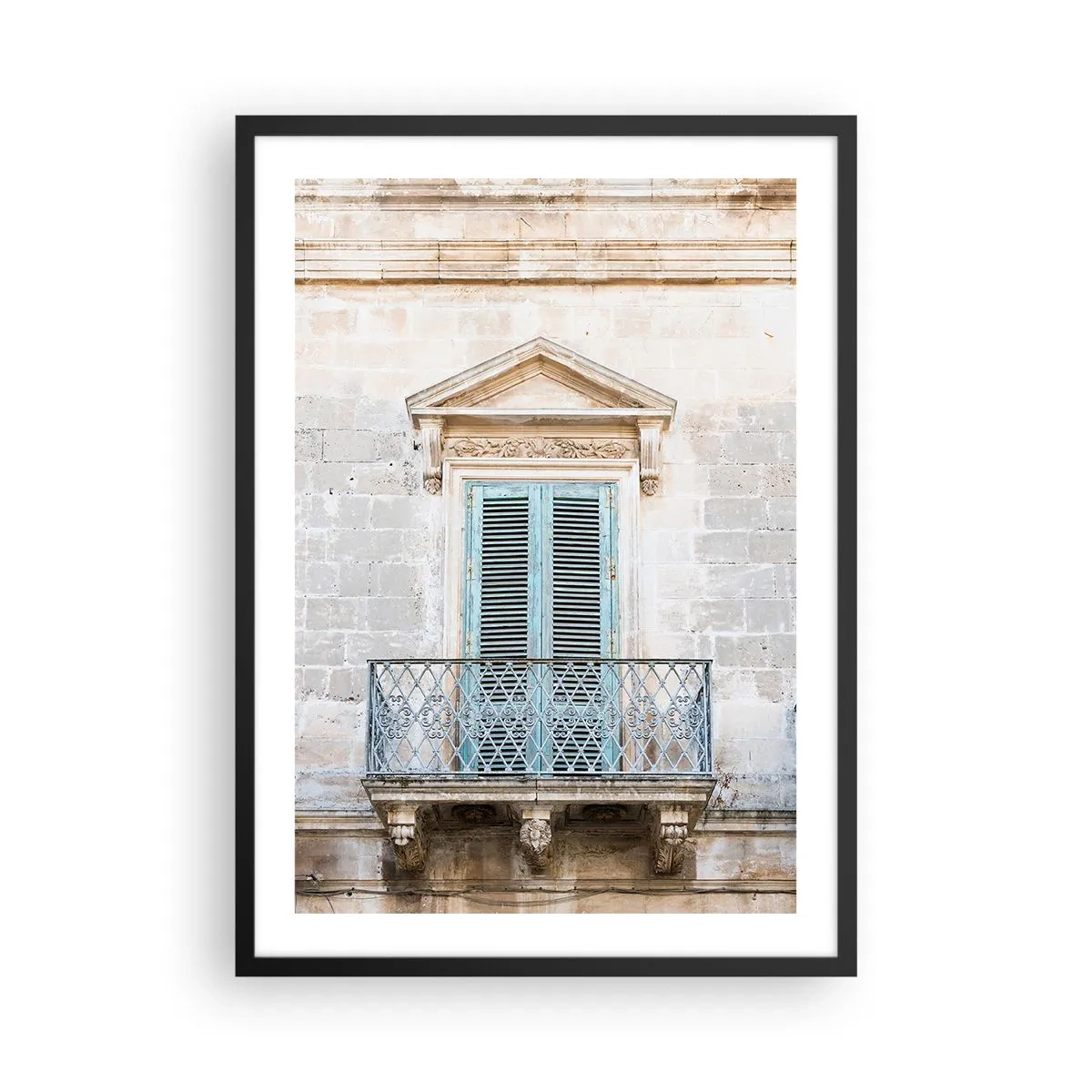 Pôster com moldura preta - Varanda histórica com persianas azuis em estilo mediterrâneo - 50x70cm - O charme único da Itália - Decoração de parede moderna para a sala de estar e quarto ARTTOR