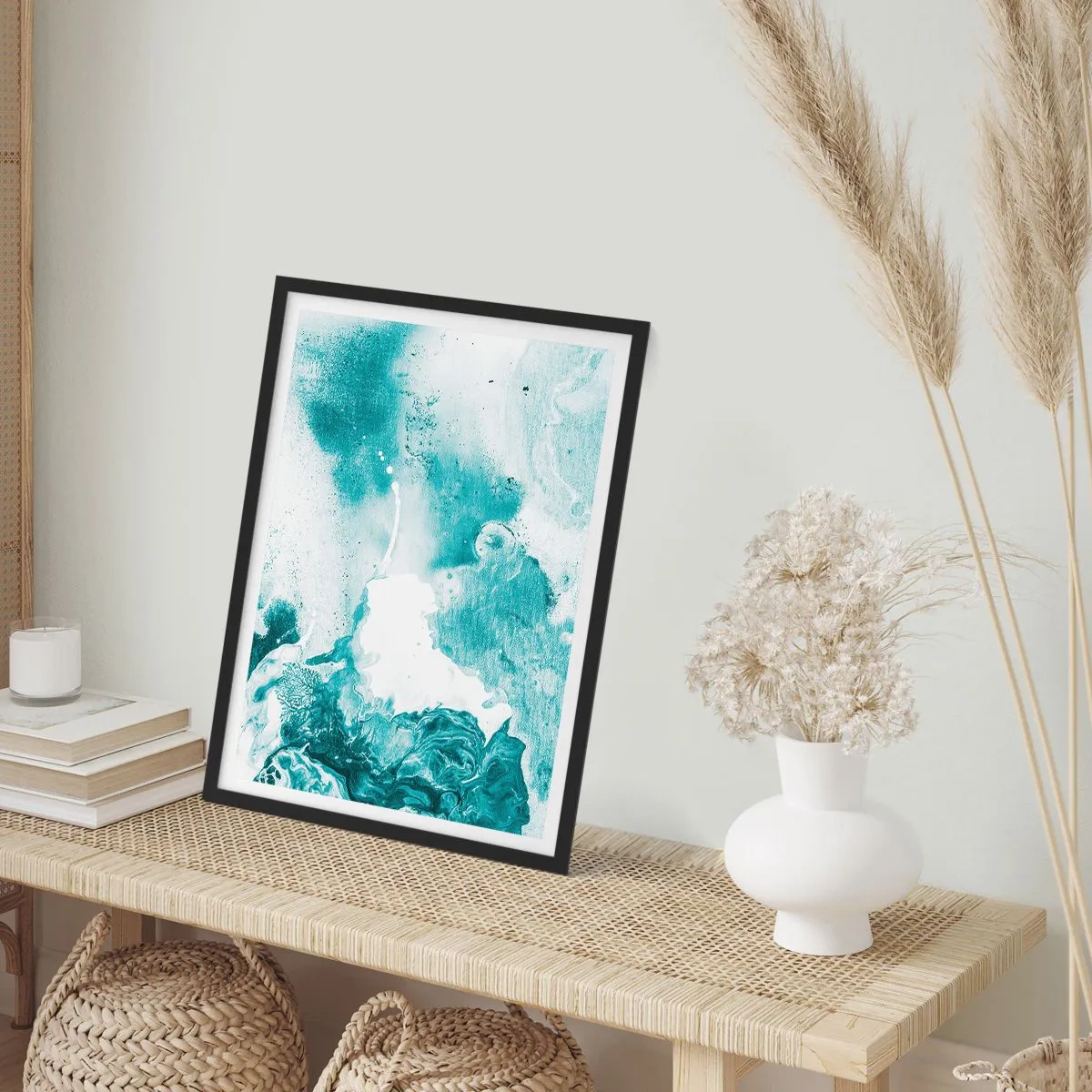 Pôster com moldura preta - Abstração turquesa com detalhes dinâmicos - 50x70cm - Inundado em azul - Decoração de parede moderna para a sala de estar e quarto ARTTOR