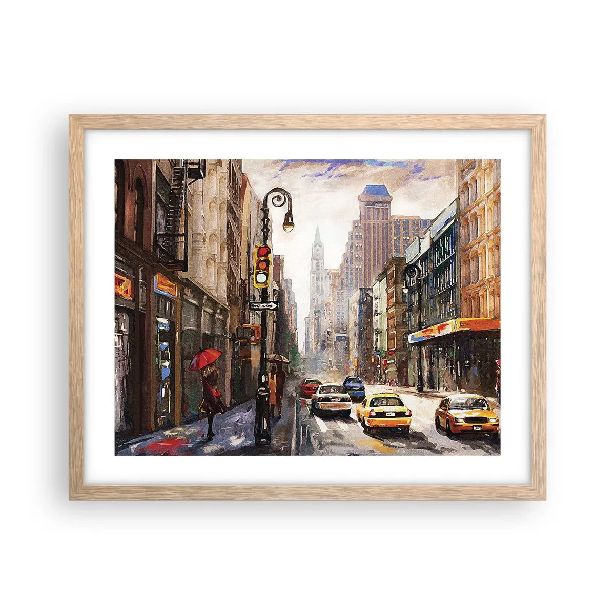 Pôster com moldura de carvalho claro - Nova York – colorida também na chuva - 50x40 cm