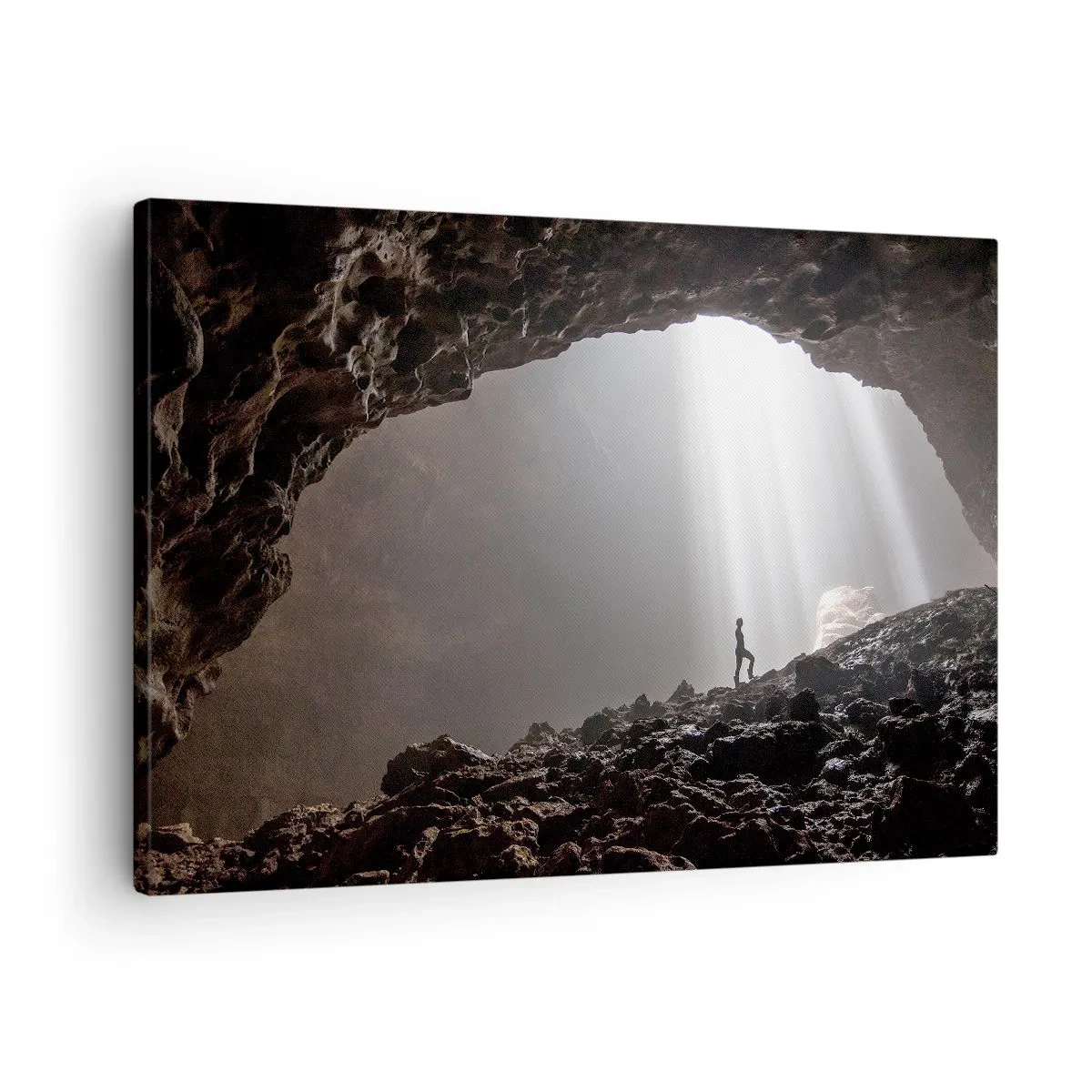 Quadro em tela - Uma figura em uma caverna iluminada por raios de luz - 70x50cm - Gruta luminosa - Decoração de parede moderna para a sala de estar e quarto ARTTOR