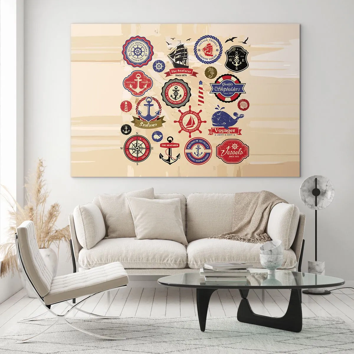 Quadro em vidro - Emblemas e símbolos náuticos em fundo bege - 70x50cm - Irmandade da vela - Decoração de parede moderna para a sala de estar e quarto ARTTOR