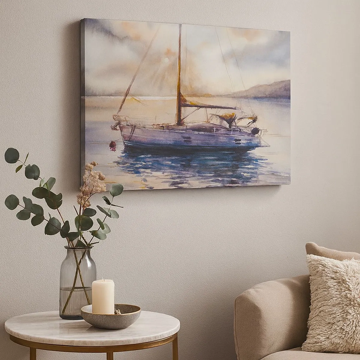 Quadro em tela - Um iate em um mar calmo ao pôr do sol - 70x50cm - Noite na baía - Decoração de parede moderna para a sala de estar e quarto ARTTOR