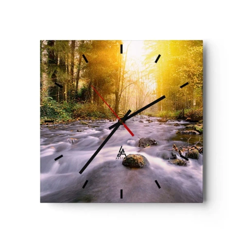 Relógio de parede - Relógio em vidro - Malaquita em um cenário de ouro e prata - 40x40 cm