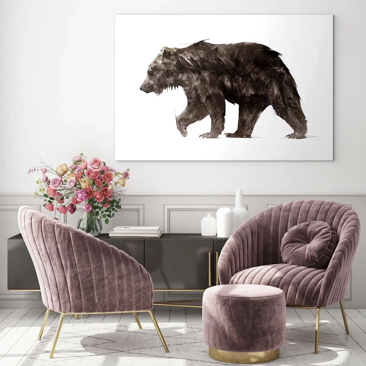 Quadro em vidro - Uma representação artística de um urso marrom em tons de marrom e preto. - 70x50cm - Eu sempre uso couro de verdade! - Decoração de parede moderna para a sala de estar e quarto ARTTOR