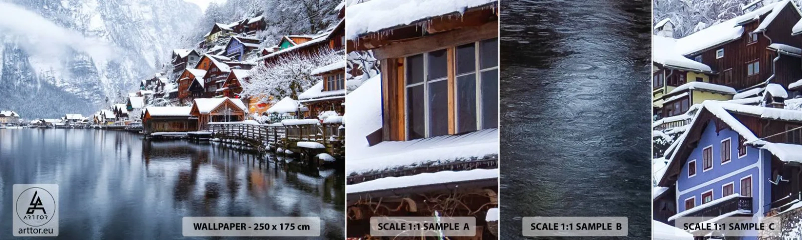 Amostra de Papel de Parede Standard Eco - Na decoração de inverno - Paisagem, Assentamento de montanha, Inverno - 100x30 cm