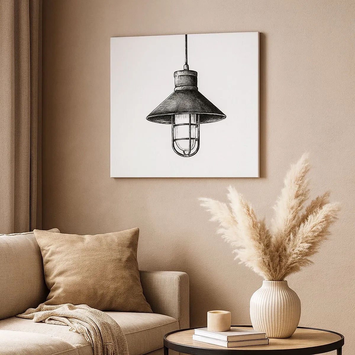 Quadro em tela - Desenho de uma luminária pendente retrô em um fundo branco - 70x50cm - Como antigamente… - Decoração de parede moderna para a sala de estar e quarto ARTTOR