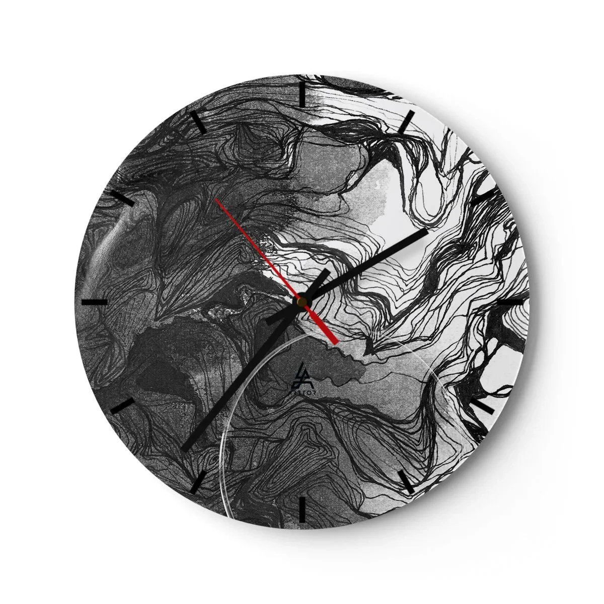 Relógio de parede - Relógio em vidro - Abstração em preto e branco com linhas fluidas e textura - 30x30cm - Entrelaçados em sonhos - Decoração de parede moderna para a sala de estar, cozinha e quarto ARTTOR