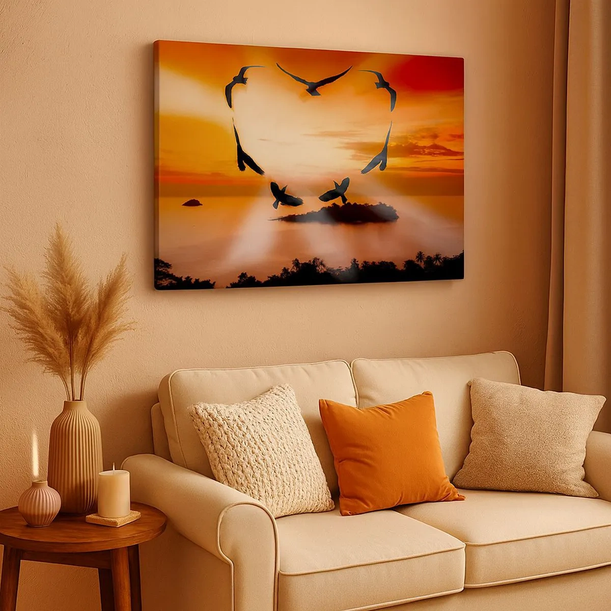 Quadro em tela - Pássaros formando um coração contra o pano de fundo do pôr do sol - 70x50cm - Ame o mundo como pássaros - Decoração de parede moderna para a sala de estar e quarto ARTTOR