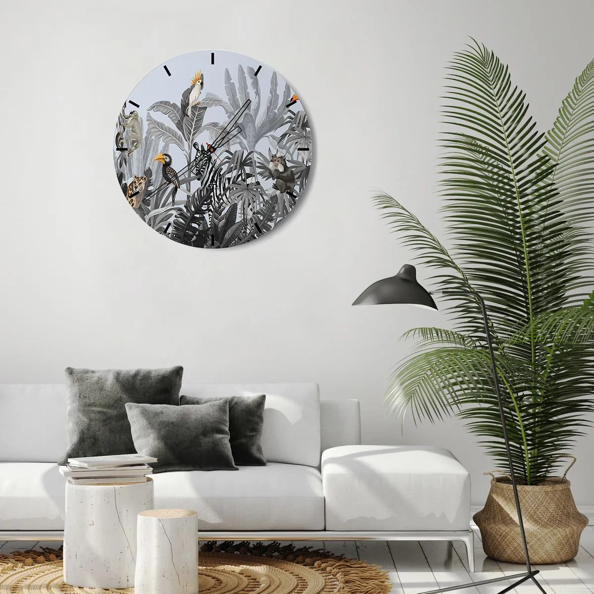 Relógio de parede - Relógio em vidro - Plantas tropicais com animais exóticos em um fundo de selva - 30x30cm - Conto de fadas africano - Decoração de parede moderna para a sala de estar, cozinha e quarto ARTTOR