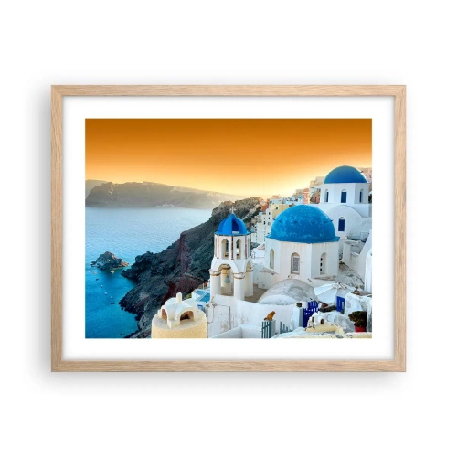 Pôster com moldura de carvalho claro - Santorini - abraçada às rochas - 50x40 cm