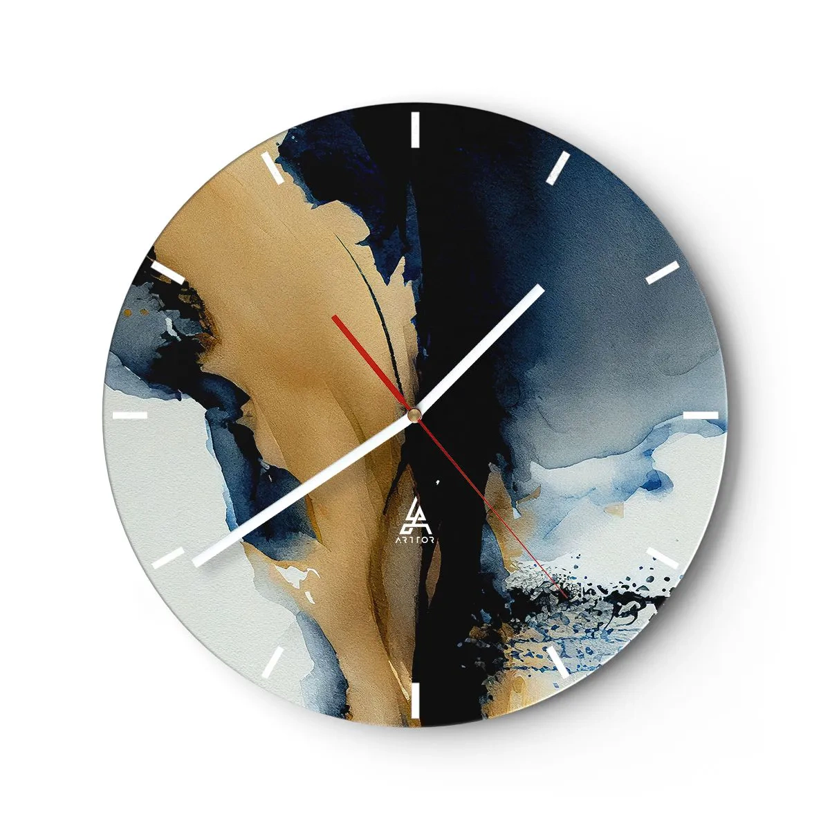 Relógio de parede - Relógio em vidro - Aquarela abstrata com contraste de azul marinho e bege - 30x30cm - Atrás da cortina - Decoração de parede moderna para a sala de estar, cozinha e quarto ARTTOR