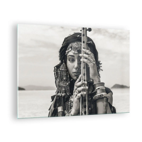 Quadro em vidro - Mulher com joias orientais com um instrumento - 70x50cm - A própria música oriental - Decoração de parede moderna para a sala de estar e quarto ARTTOR