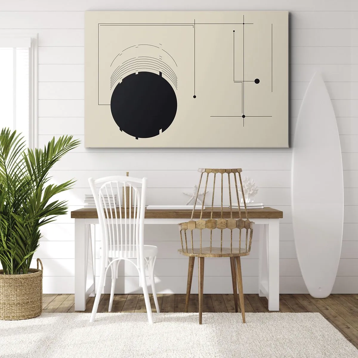 Quadro em tela - Linhas geométricas pretas e um círculo em um fundo bege - 70x50cm - Composição flexível e dinâmica - Decoração de parede moderna para a sala de estar e quarto ARTTOR