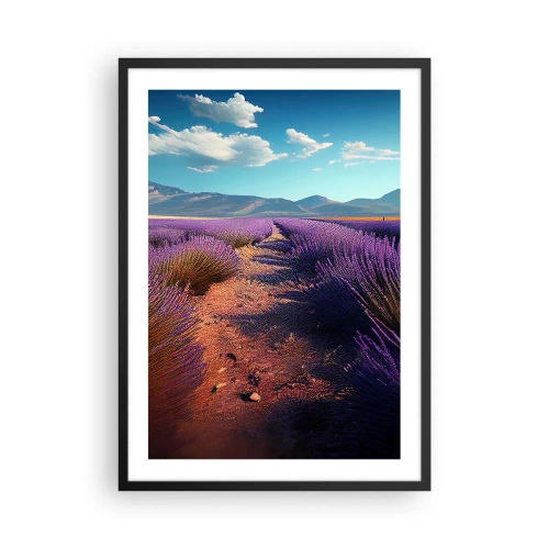 Pôster com moldura preta - Um campo de lavanda ao pôr do sol com uma paisagem montanhosa ao fundo - 50x70cm - Campos perfumados - Decoração de parede moderna para a sala de estar e quarto ARTTOR