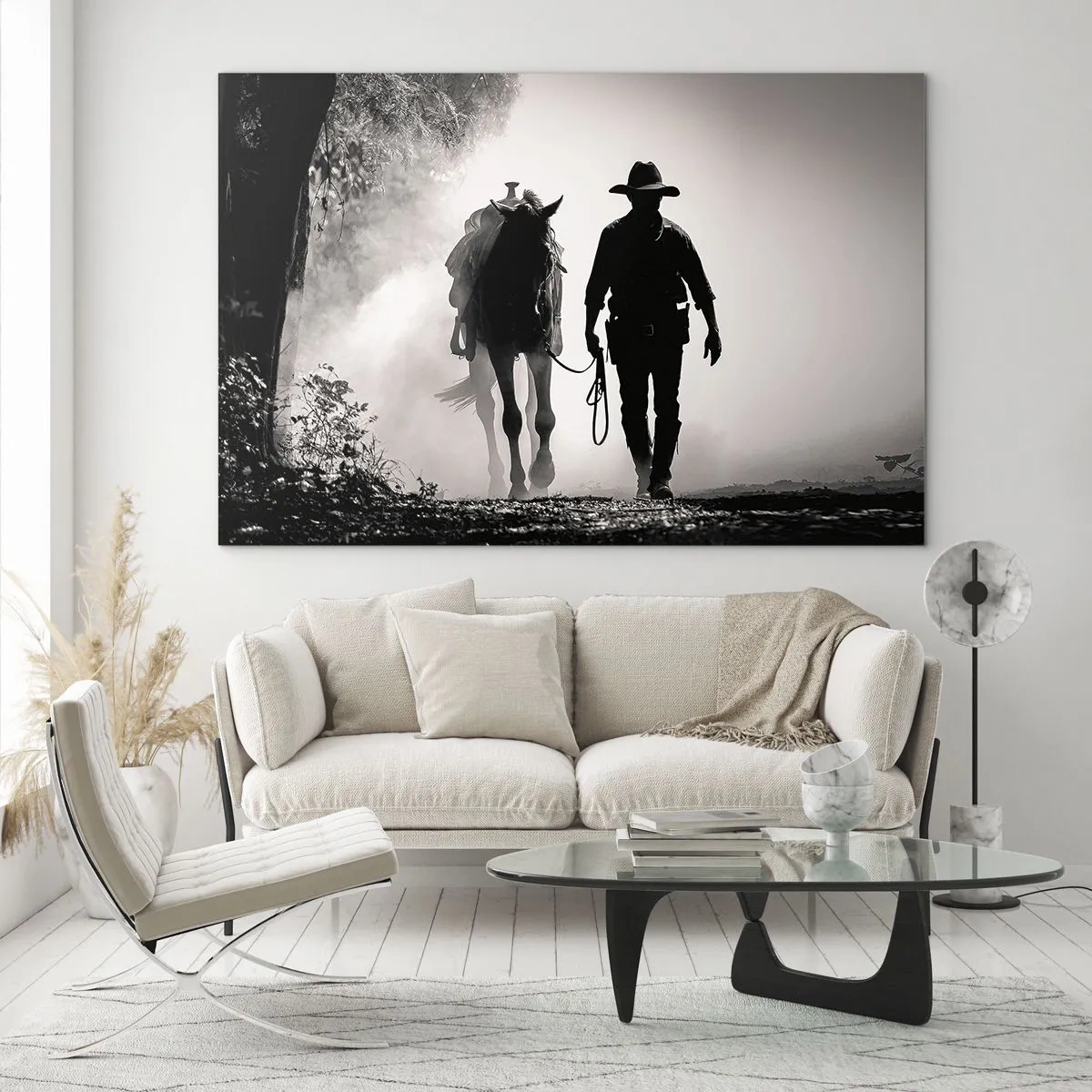 Quadro em vidro - Silhueta de um cowboy conduzindo um cavalo por uma paisagem enevoada - 70x50cm - Manhã no Texas - Decoração de parede moderna para a sala de estar e quarto ARTTOR