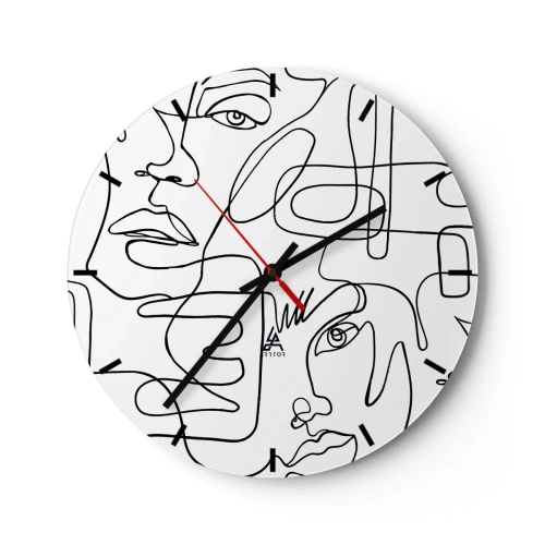 Relógio de parede - Relógio em vidro - Esboços de rostos de arte de linha minimalista em fundo branco - 30x30cm - Em emoções emaranhadas - Decoração de parede moderna para a sala de estar, cozinha e quarto ARTTOR