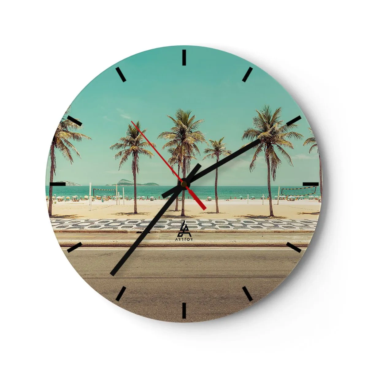 Relógio de parede - Relógio em vidro - Palmeiras e uma praia com calçadão à beira do mar azul-turquesa - 30x30cm - Em guarda da praia - Decoração de parede moderna para a sala de estar, cozinha e quarto ARTTOR
