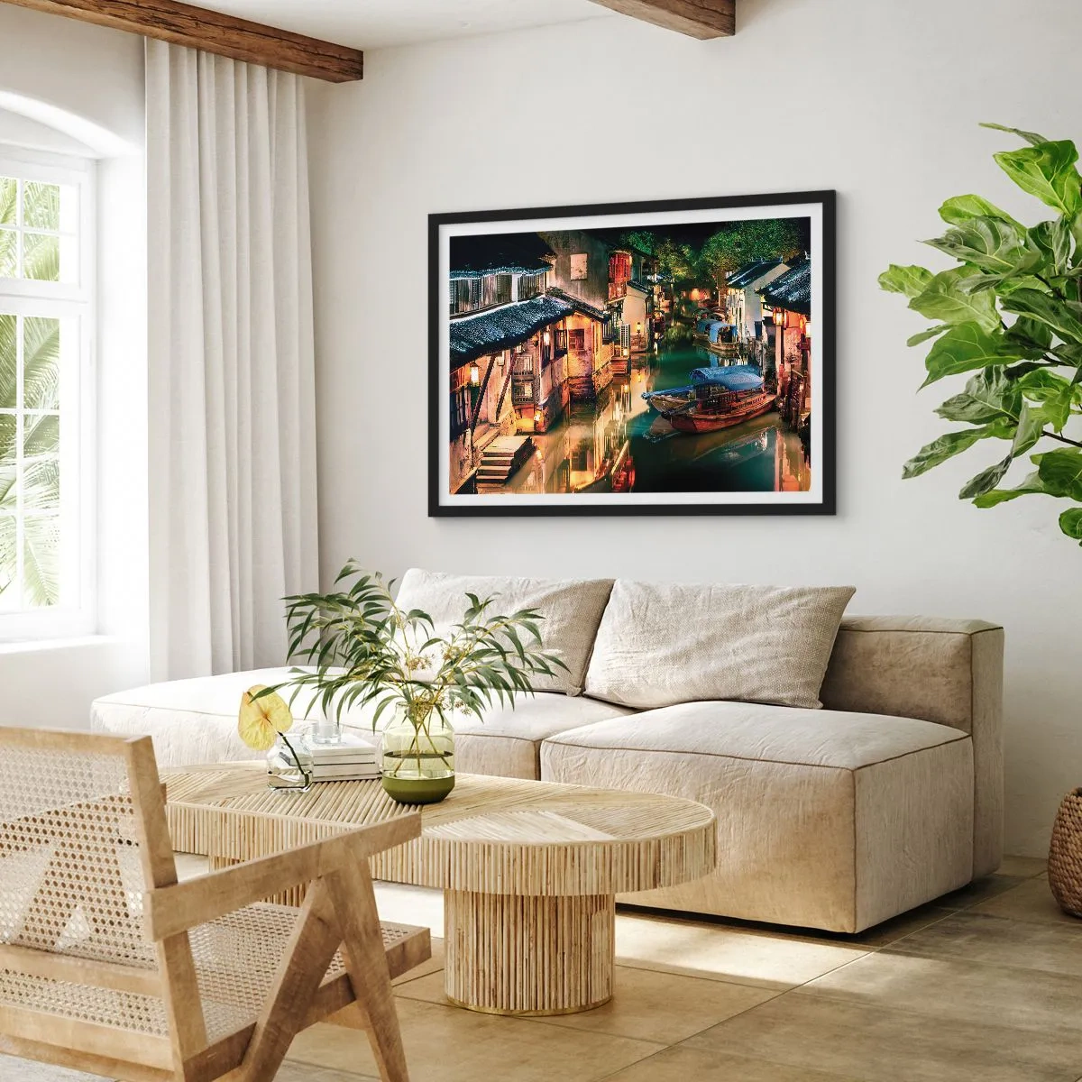 Pôster com moldura preta - Uma noite em uma rua chinesa - 100x70 cm