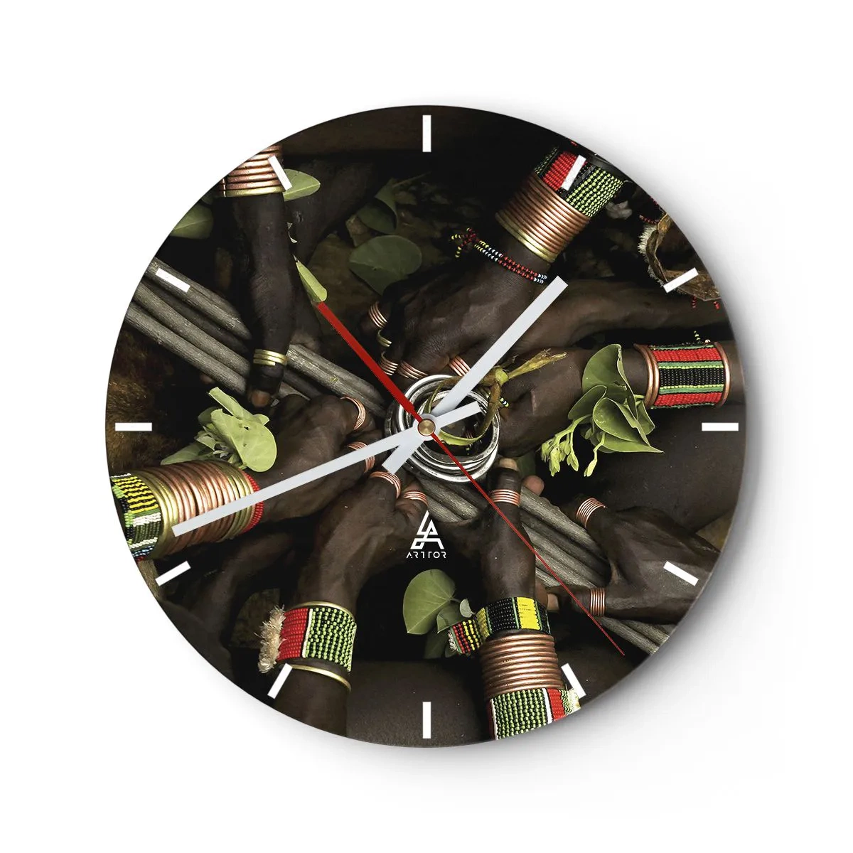 Relógio de parede - Relógio em vidro - Pulseiras e símbolos tribais tradicionais - 30x30cm - Estamos juntos - Decoração de parede moderna para a sala de estar, cozinha e quarto ARTTOR
