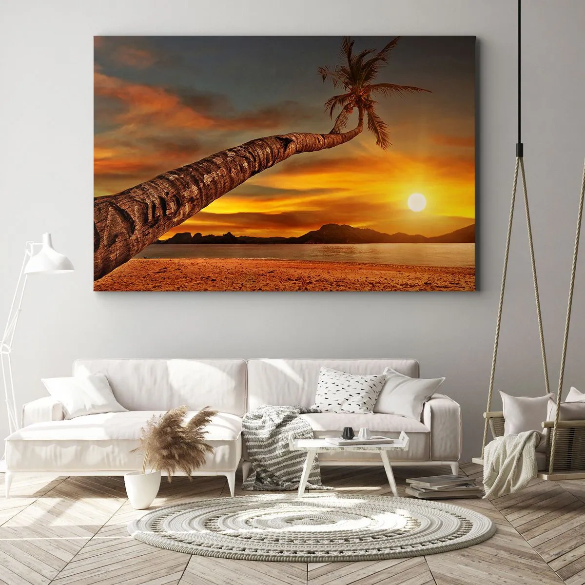 Quadro em tela - Palmeira na praia ao pôr do sol com vista para o mar - 70x50cm - Férias exóticas, aventura caribenha - Decoração de parede moderna para a sala de estar e quarto ARTTOR