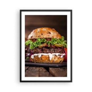 Pôster com moldura preta - Hambúrguer apetitoso com legumes e molho - 50x70cm - Sonho americano - Decoração de parede moderna para a sala de estar e quarto ARTTOR