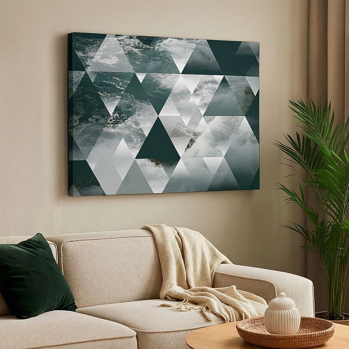 Quadro em tela - Padrão geométrico com motivo de ondas em tons de verde - 70x50cm - Uma perspetiva de cristal - Decoração de parede moderna para a sala de estar e quarto ARTTOR