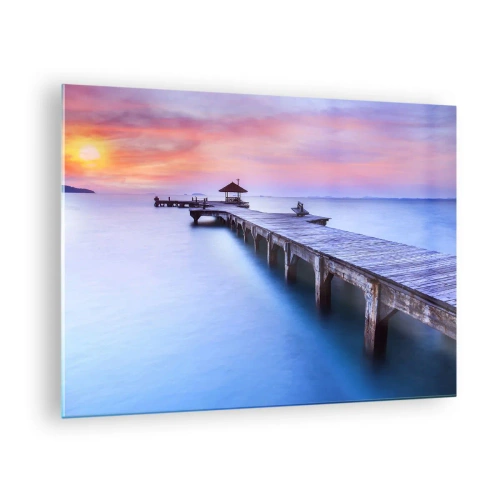 Quadro em vidro - Cais de madeira ao nascer do sol em águas calmas - 70x50cm - Um mar de paz no horizonte - Decoração de parede moderna para a sala de estar e quarto ARTTOR