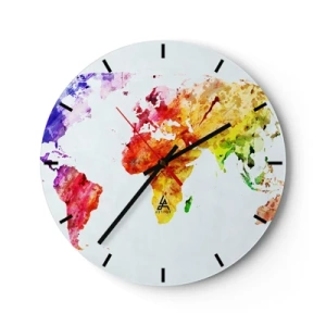 Relógio de parede - Relógio em vidro - Mapa-múndi em aquarela com cores vivas - 30x30cm - Todas as cores do mundo - Decoração de parede moderna para a sala de estar, cozinha e quarto ARTTOR