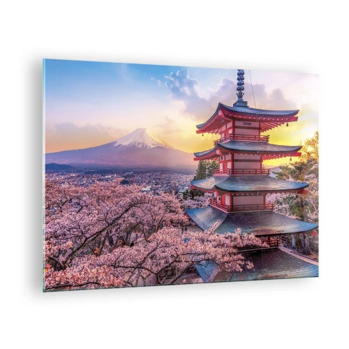 Quadro em vidro - Um pagode em uma paisagem japonesa com vista para o Monte Fuji e árvores floridas - 70x50cm - A essência do espírito japonês - Decoração de parede moderna para a sala de estar e quarto ARTTOR