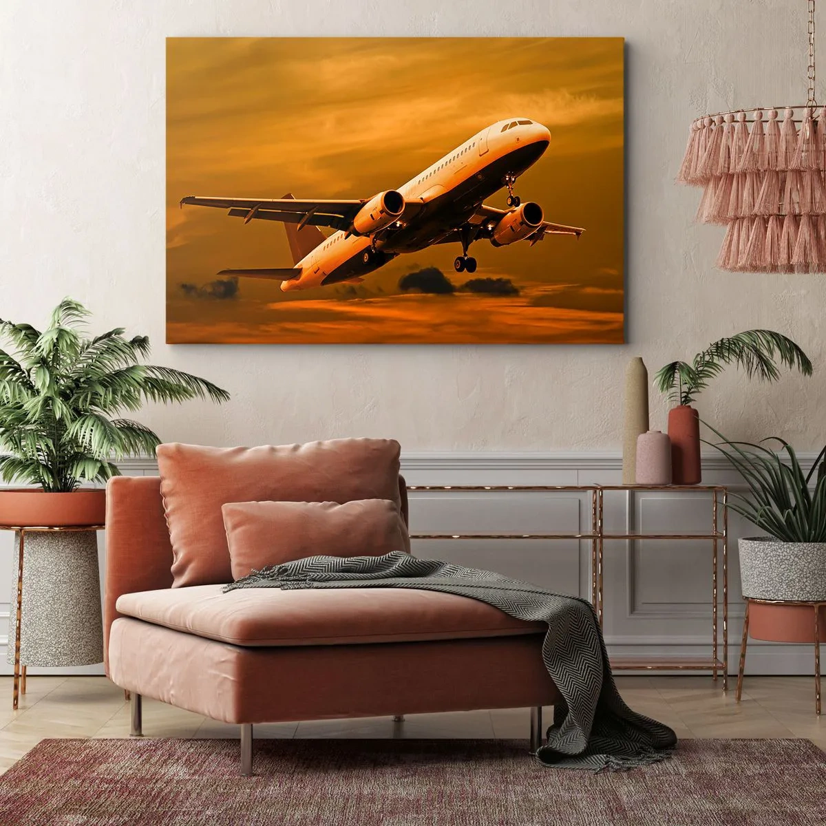 Quadro em tela - Um avião de passageiros decolando contra um céu dourado de pôr do sol. - 70x50cm - Voo em direção ao sol - Decoração de parede moderna para a sala de estar e quarto ARTTOR