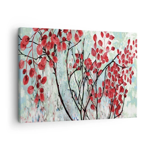 Quadro em tela - Folhas vermelhas contra um céu brilhante com padrões abstratos - 70x50cm - Árvore em escarlate - Decoração de parede moderna para a sala de estar e quarto ARTTOR