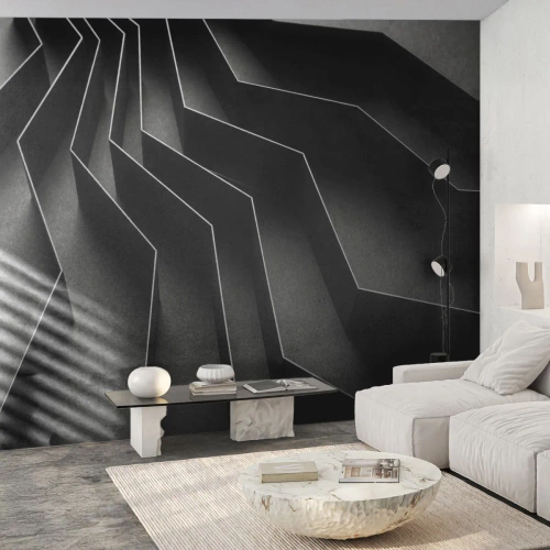 Papel de Parede Standard Eco - Estruturas geométricas em preto com efeito de profundidade - 100x70cm - Ordem espacial - Decoração de parede moderna para a sala de estar e quarto ARTTOR