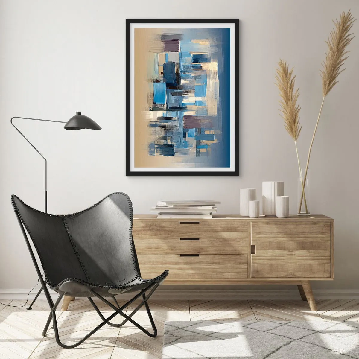 Pôster com moldura preta - Composição geométrica abstrata em tons de azul - 50x70cm - Construção azul - Decoração de parede moderna para a sala de estar e quarto ARTTOR