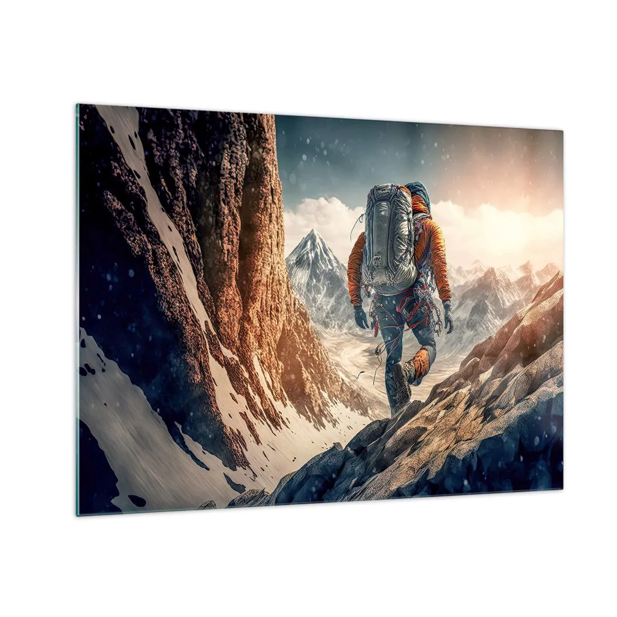 Quadro em vidro - Um caminhante escalando uma encosta rochosa e coberta de neve - 70x50cm - Guerreiro solitário - Decoração de parede moderna para a sala de estar e quarto ARTTOR