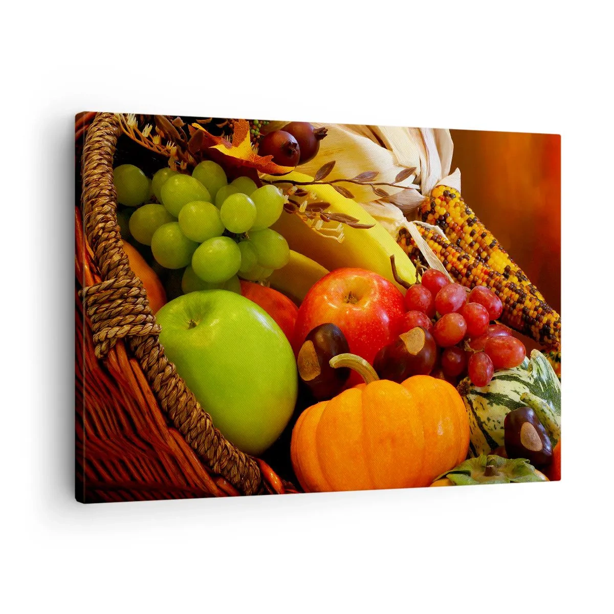 Quadro em tela - Uma cesta de frutas, abóboras e milho em um fundo de cores de outono. - 70x50cm - O cesto da colheita - Decoração de parede moderna para a sala de estar e quarto ARTTOR