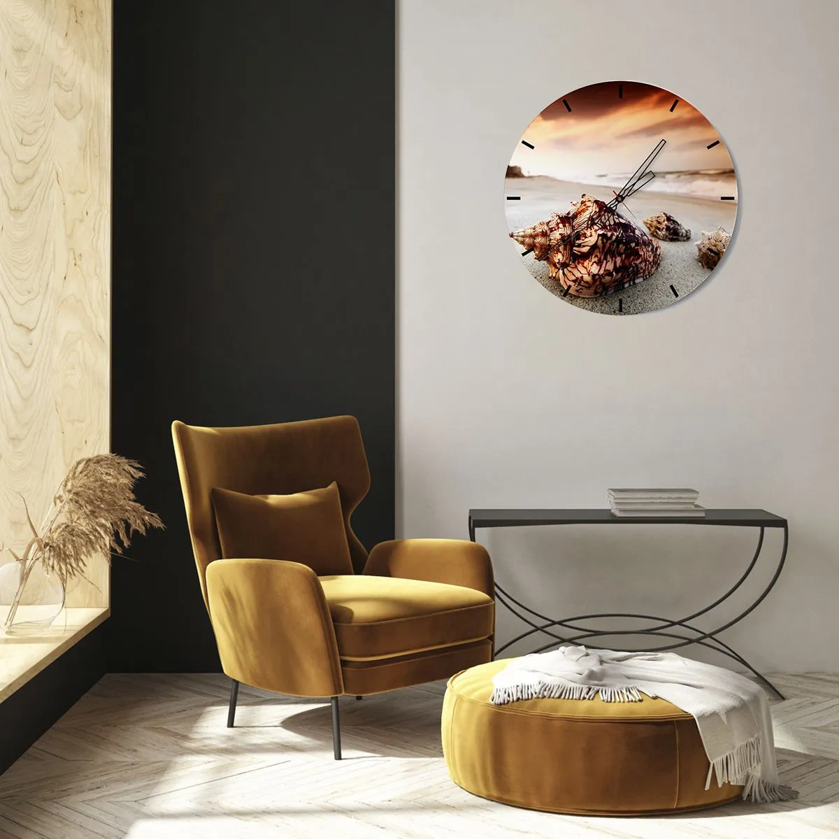 Relógio de parede - Relógio em vidro - Conchas na praia sob os raios do sol poente - 30x30cm - Expulso pelas ondas - Decoração de parede moderna para a sala de estar, cozinha e quarto ARTTOR