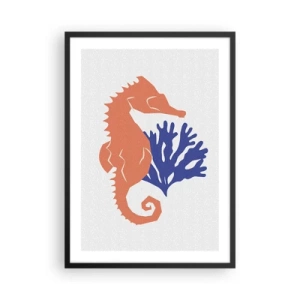 Pôster com moldura preta - Gráfico minimalista de cavalo-marinho e coral - 50x70cm - Em um prado subaquático - Decoração de parede moderna para a sala de estar e quarto ARTTOR