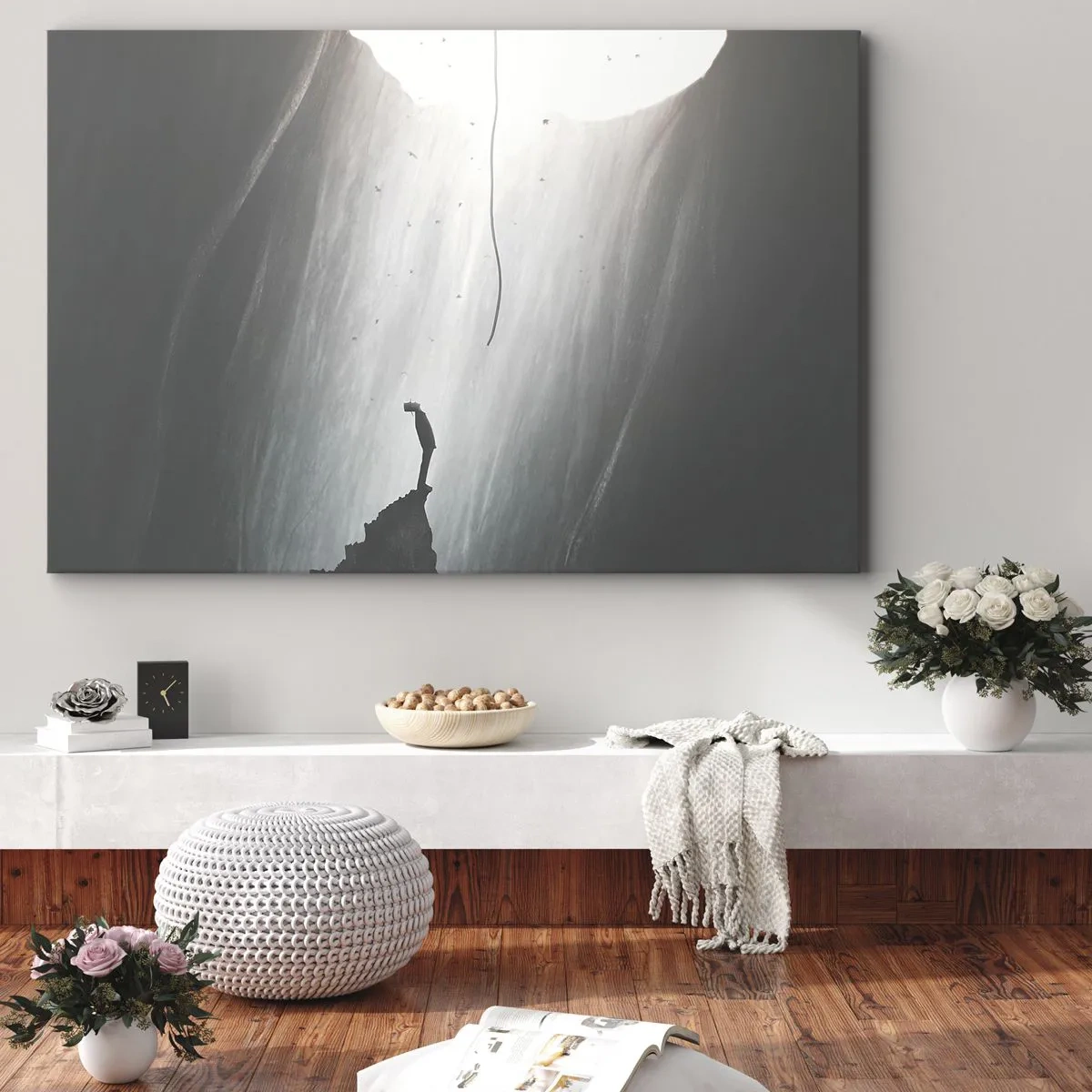 Quadro em tela - Silhueta de um homem no chão de uma caverna com vista para a luz - 70x50cm - Sempre há uma saída - Decoração de parede moderna para a sala de estar e quarto ARTTOR