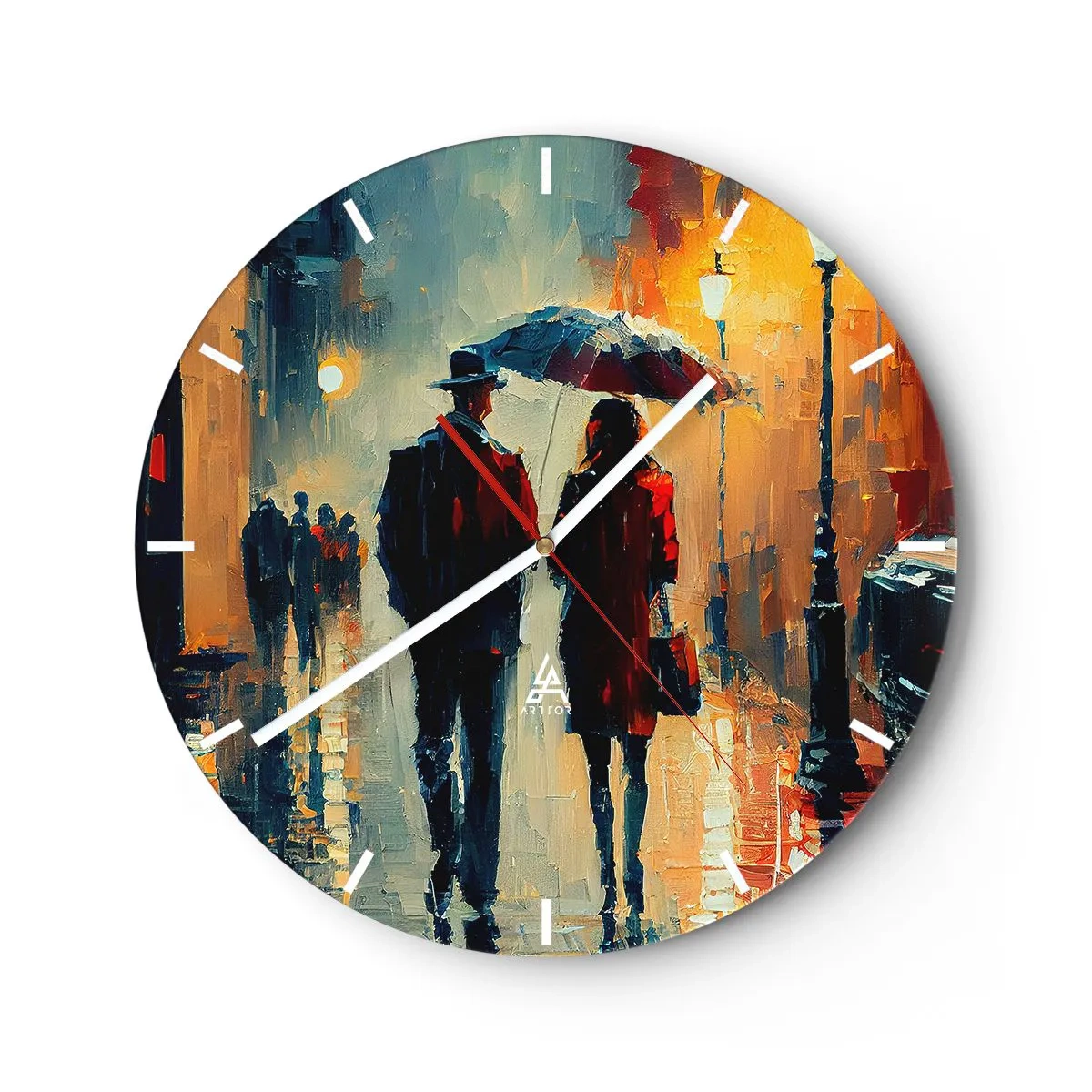 Relógio de parede - Relógio em vidro - Um casal sob um guarda-chuva em um ambiente urbano pintado com espátula - 30x30cm - História de amor urbano - Decoração de parede moderna para a sala de estar, cozinha e quarto ARTTOR