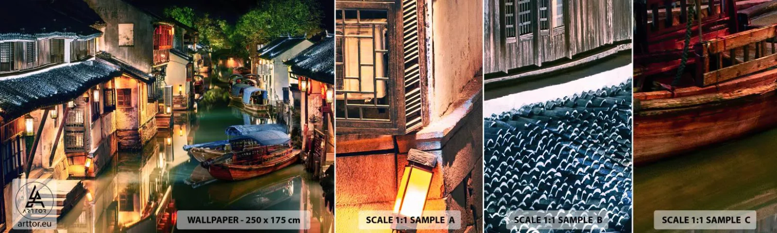 Amostra de papel de parede autocolante Deluxe Sticker - Uma noite em uma rua chinesa - Paisagem, Cidade, Ásia - 100x30 cm