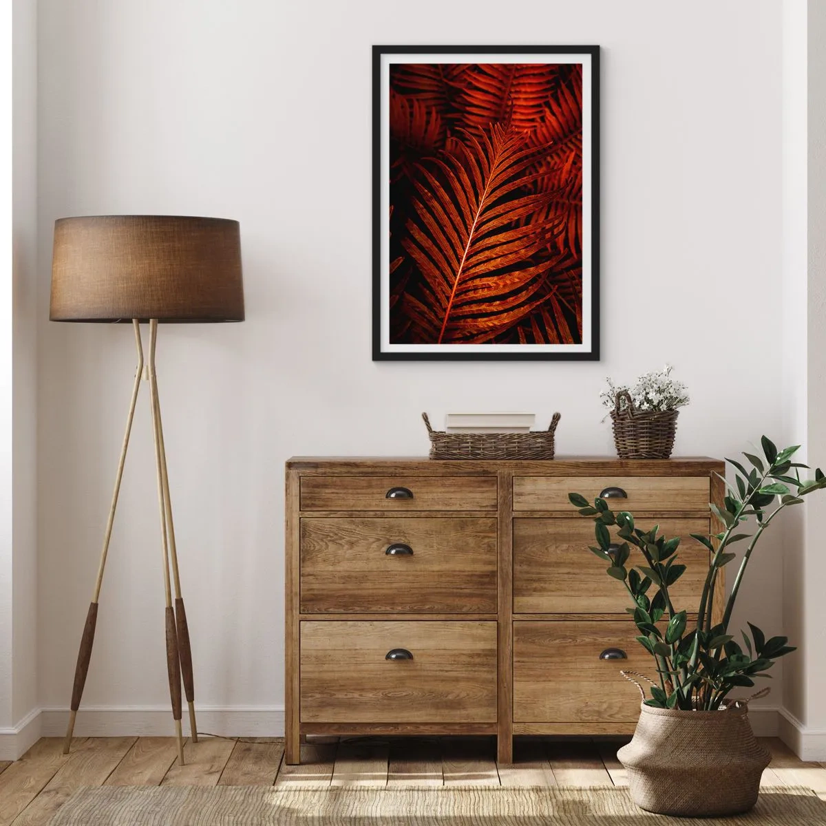 Pôster com moldura preta - Folhas de palmeira vermelhas em iluminação artística - 50x70cm - O calor da vida - Decoração de parede moderna para a sala de estar e quarto ARTTOR