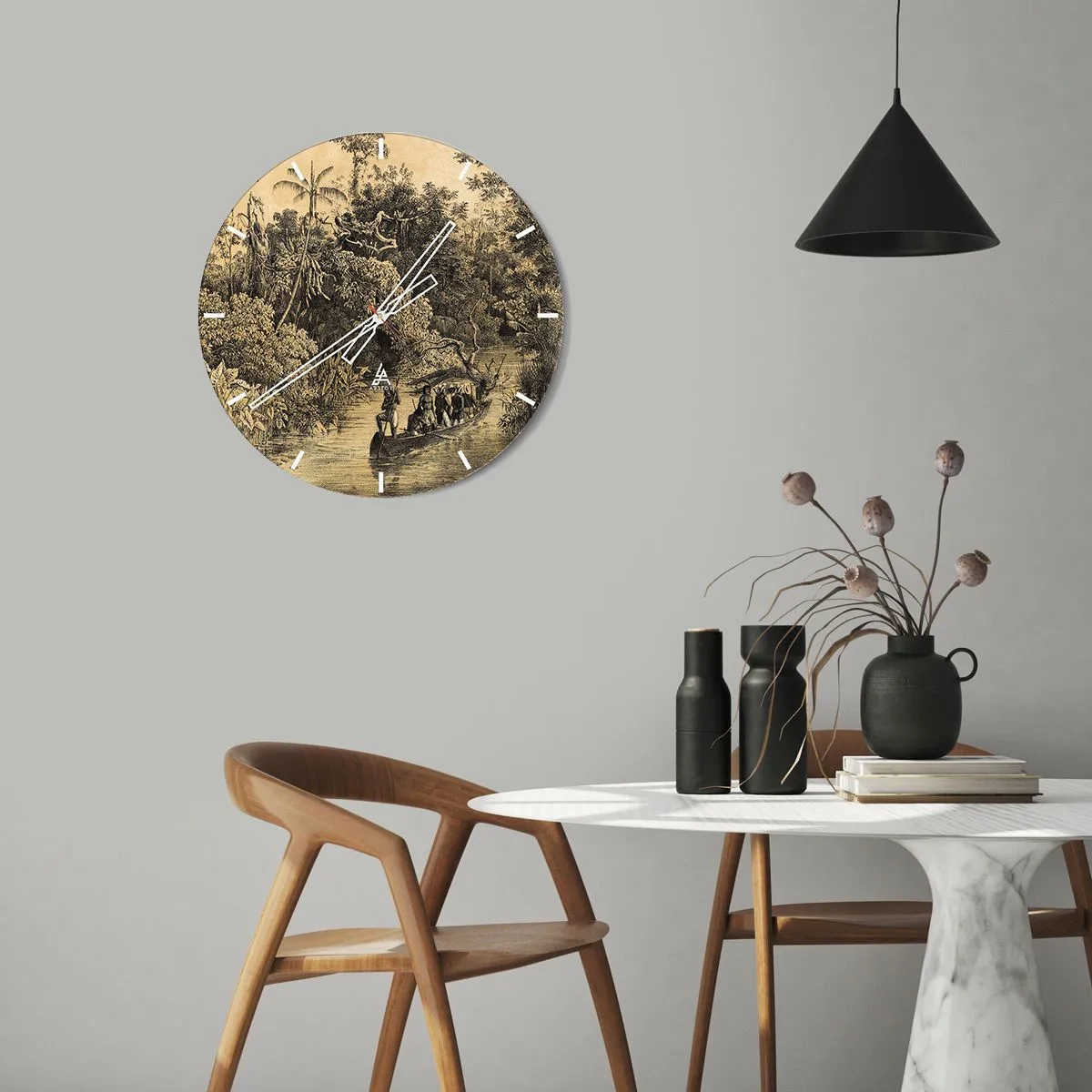 Relógio de parede - Relógio em vidro - Ilustração retrô de uma expedição na selva tropical - 30x30cm - Viagem à fonte - Decoração de parede moderna para a sala de estar, cozinha e quarto ARTTOR